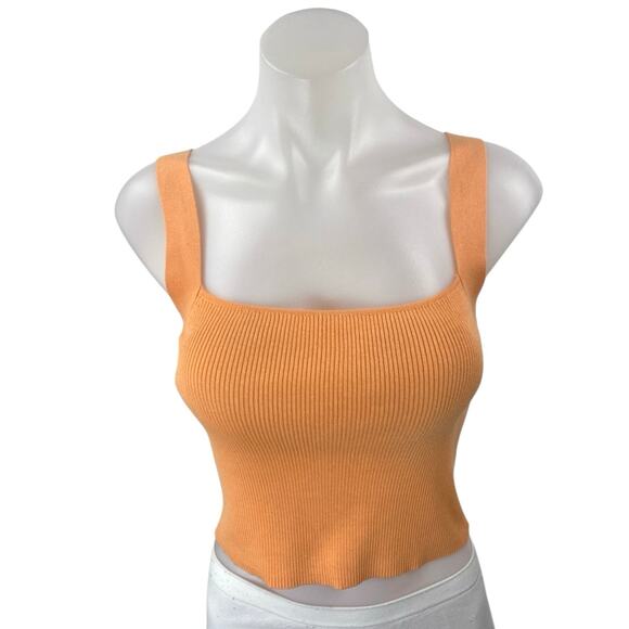 Zara Orange Ribbed Knit Sleeveless Square Neck Cami Camisole Tank Crop Top Sz M - Picture 1 of 3